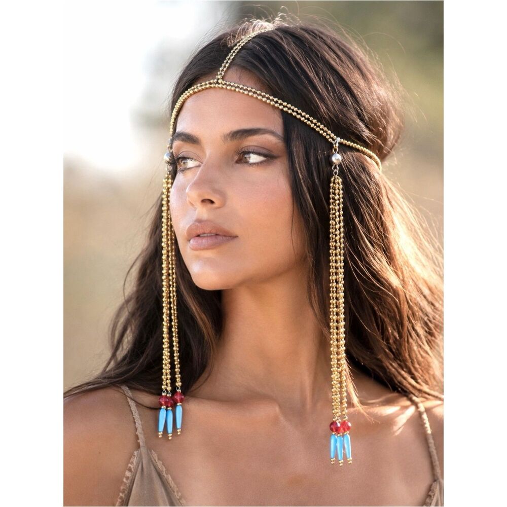 Gold and Black Beaded Festival Style Costume Headpiece One Size NEW